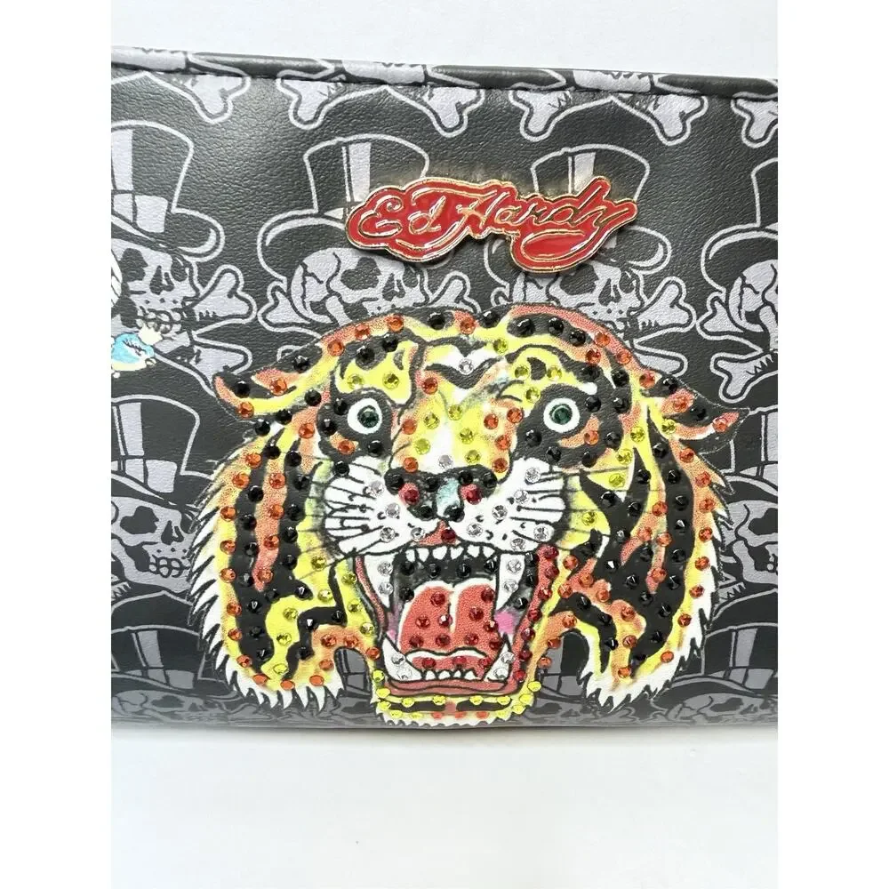 Ed Hardy Black Striking Tiger Tattoo Art With Rhinestones Shoulder Bag w/Charms